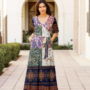 Lily by Firmiana Women's ? Sleeve Wrap-Style Maxi Dress with Tie Multicolor Patchwork Mix