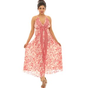 Shorleline Wear Boho Chic Pink Abstract Floral Halter Neck Maxi Dress