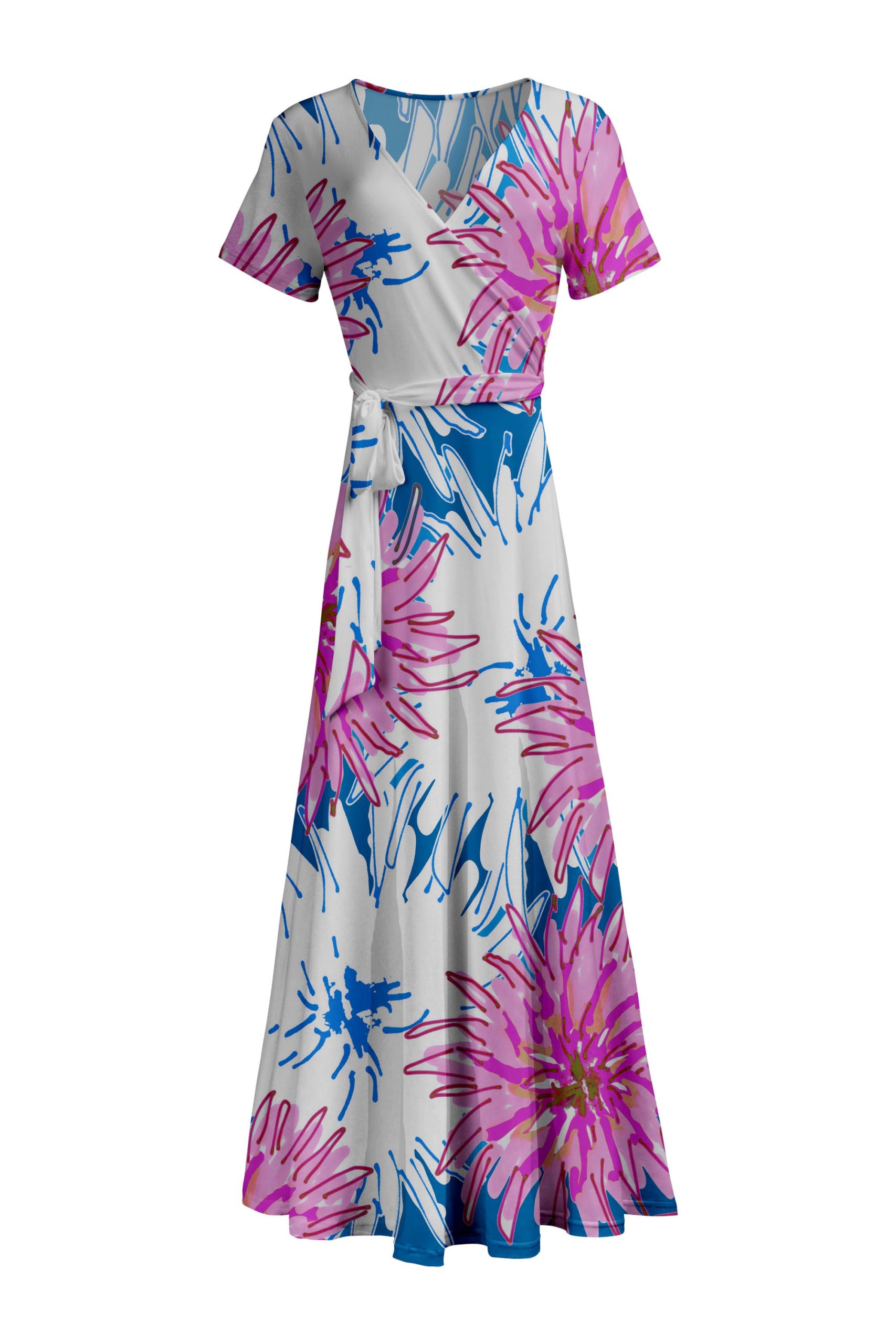 Lily by Firmiana Women's Short Sleeve Wrap-Style Maxi Dress with Tie Blue & Magenta Palm Floral