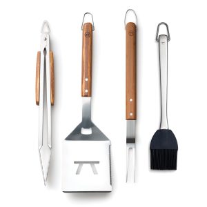 Outset Grande Stainless Steel Grill Tool Set. Verde Collection. Large Spatula. Tongs. Grill Fork. and Sauce Brush
