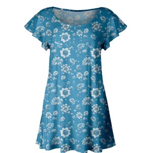 Lily by Firmiana Women's Short Sleeve Flutter Hem Tunic Top Blue Floral Lace Print