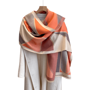 Beige. Grey & Orange Colored Blocked Fringe-Trimmed Scarf