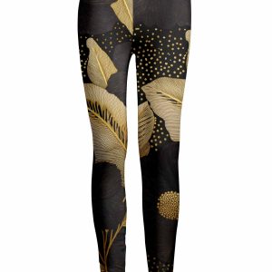 Lily by Firmiana Women's Medium Rise Printed Legging Gold Metallic Pinecone Holiday Print