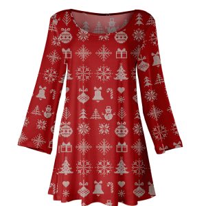 Lily by Firmiana Women's Long Sleeve Scoop Neck Flared Hem Tunic Red Holiday Reindeer Fair Isle Print