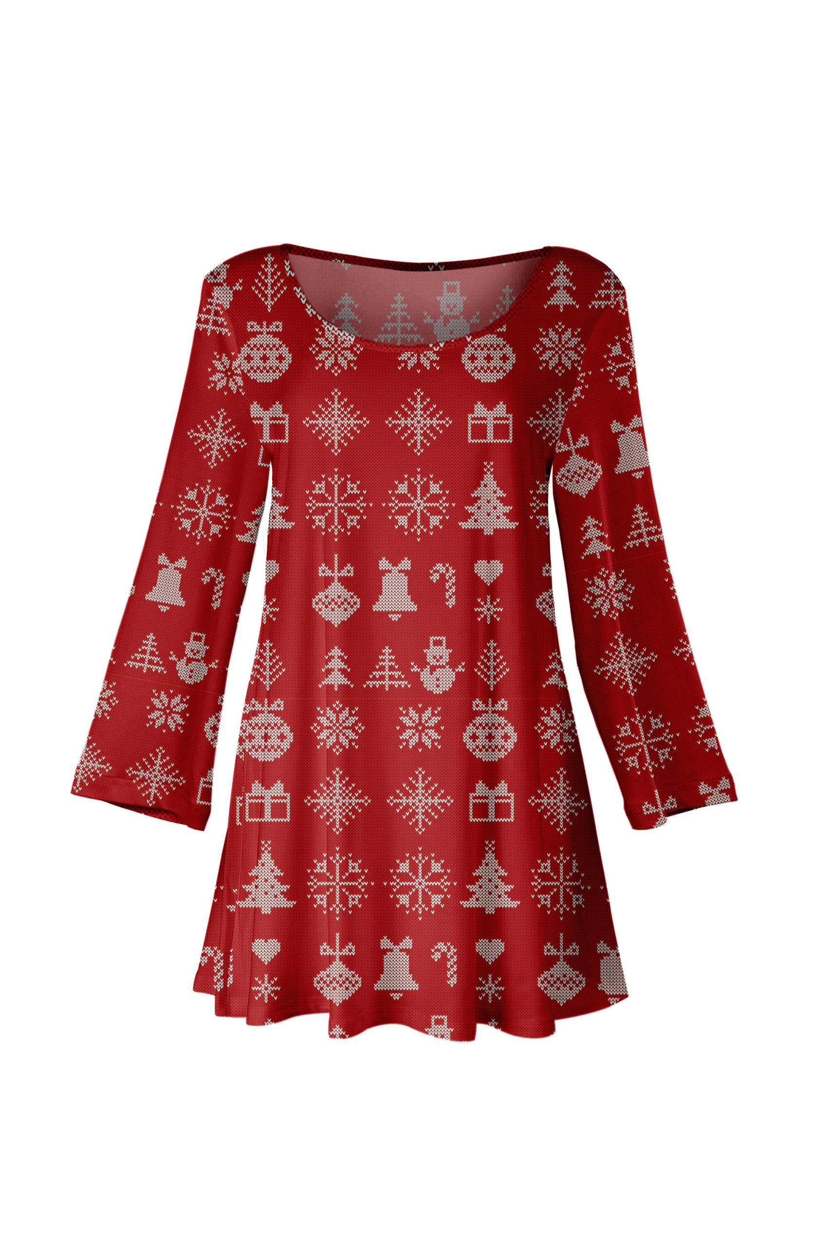 Lily by Firmiana Women's Long Sleeve Scoop Neck Flared Hem Tunic Red Holiday Reindeer Fair Isle Print