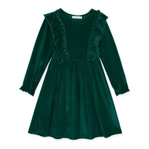 Green Ruffle-Accent Velvet A-Line Dress
