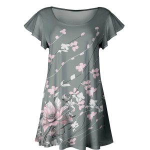 Lily by Firmiana Women's Short Sleeve Flutter Hem Tunic Top Gray & White Cherry Blossom Print