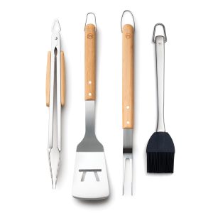 Outset Stainless Steel Grill Tool Set. Verde Collection. Spatula. Tongs. Grill Fork. and Sauce Brush