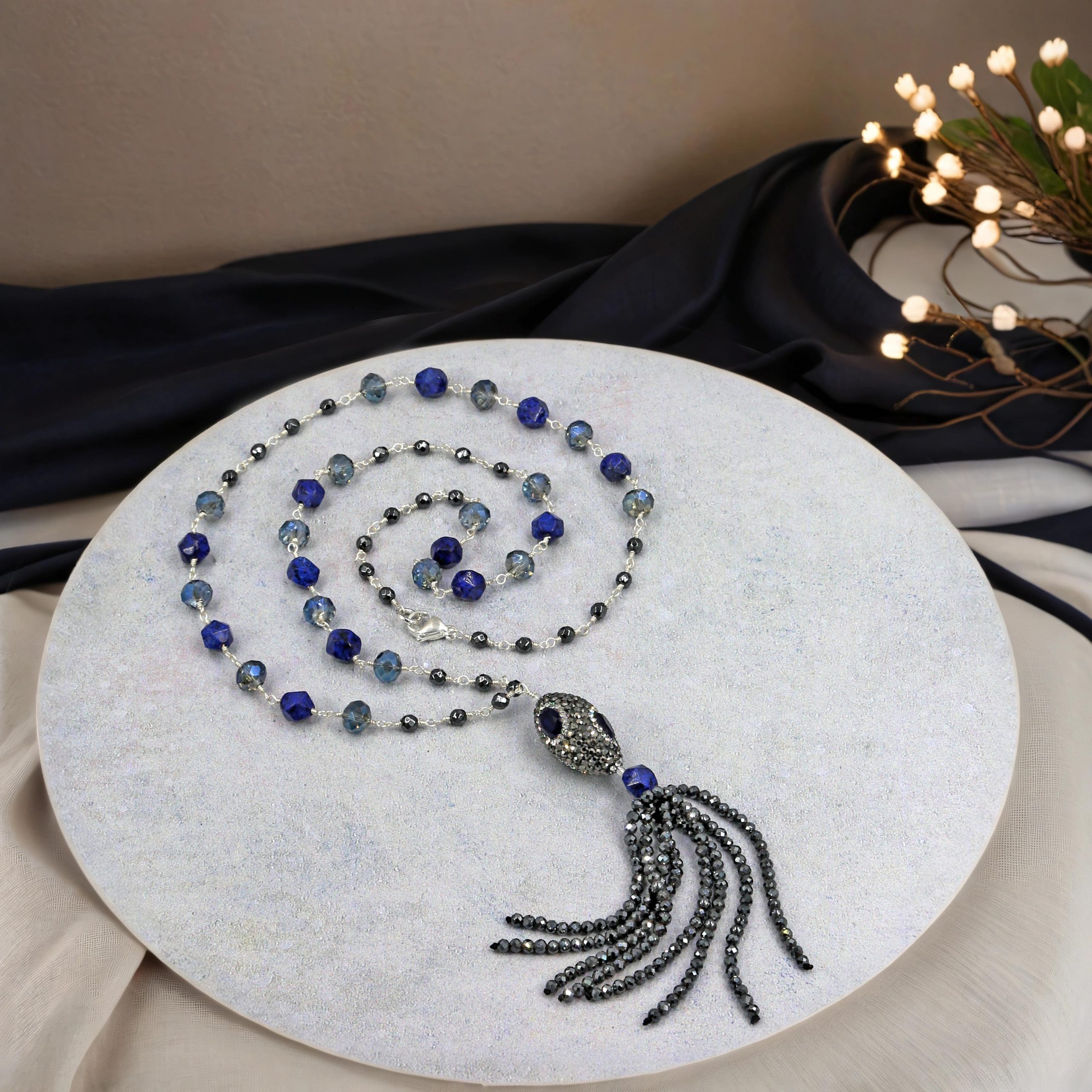 MGR Women's MGR Women's Lapis Lazuli. Hematite & Crystal Wire-Wrapped Necklace with Druzy Pav?? Lapis Tassel Pendant & Matching Earrings ?C Jewelry Set