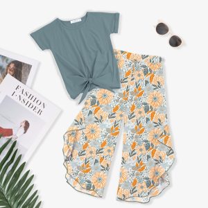 Dusty Turquoise Knot-Front Top & Orange Floral Leaf Print Wide-Leg Pants