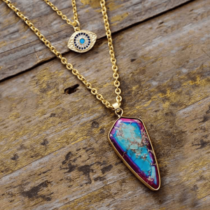 Goldtone Layered Eye & Purple Blue Jasper Pointed Necklace